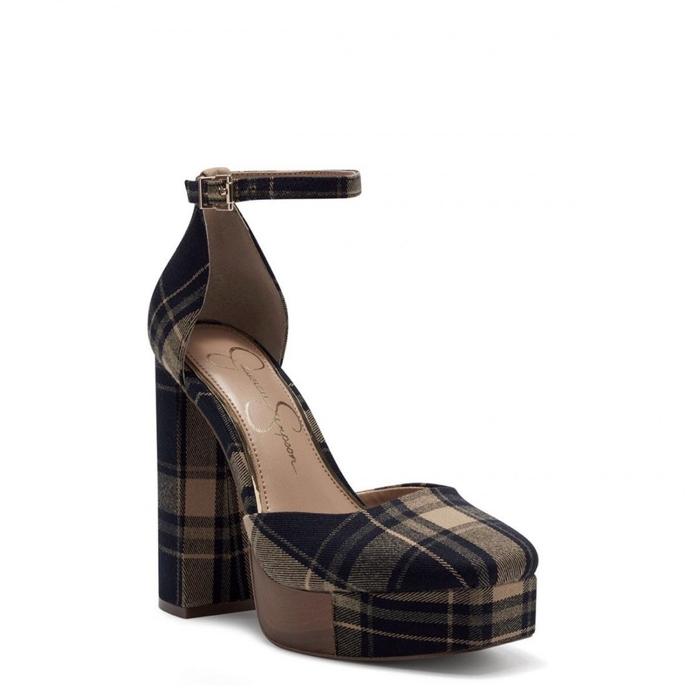 Jessica Simpson Womens Kymmie Platform Heel in Plaid Tan Combo Plaid - 6
